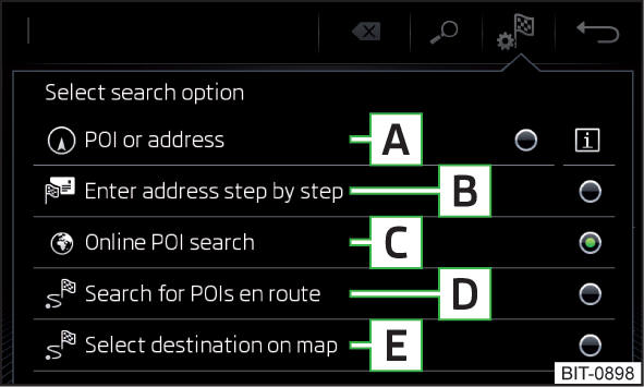 Selezione del tipo di ricerca destinazione/inserimento destinazione